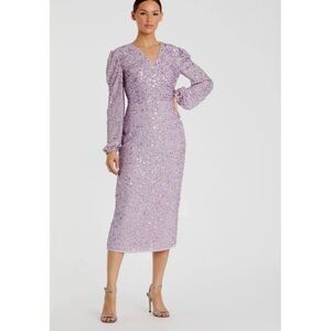 Mac Duggal Sequin Dress Womens 6 Lilac Long Sleeve Midi V-Neck 20241